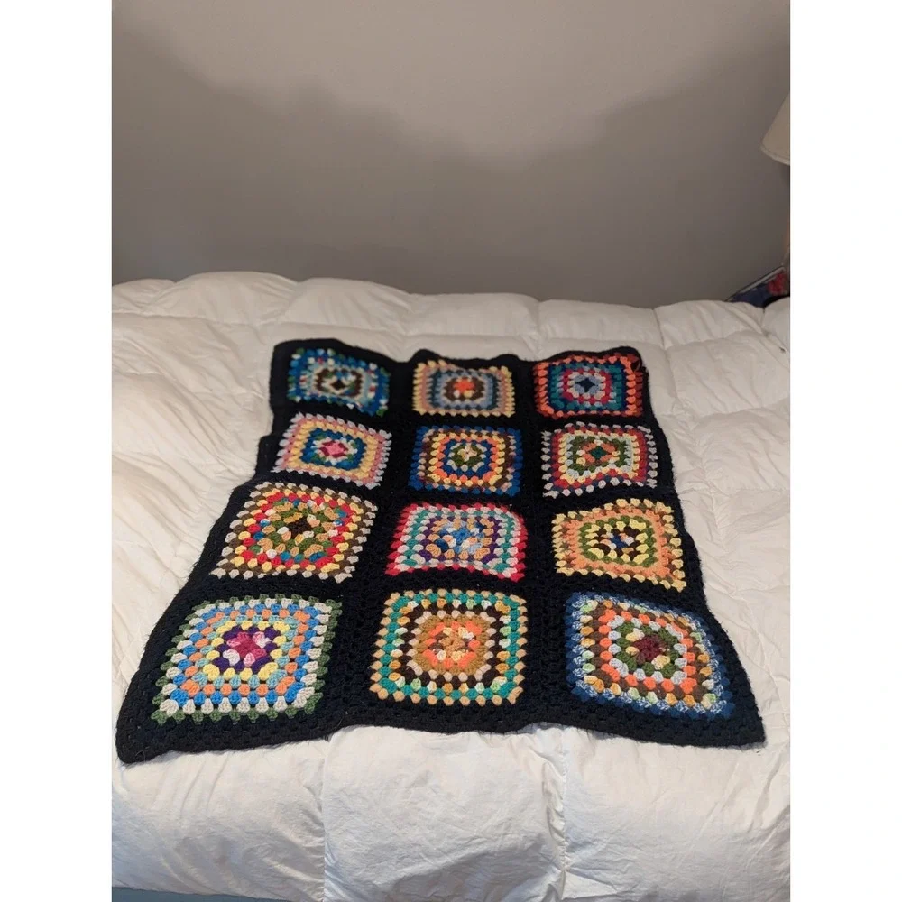 Boho Granny Square Crochet Throw Blanket Retro Hippie Cottagecore Decor
